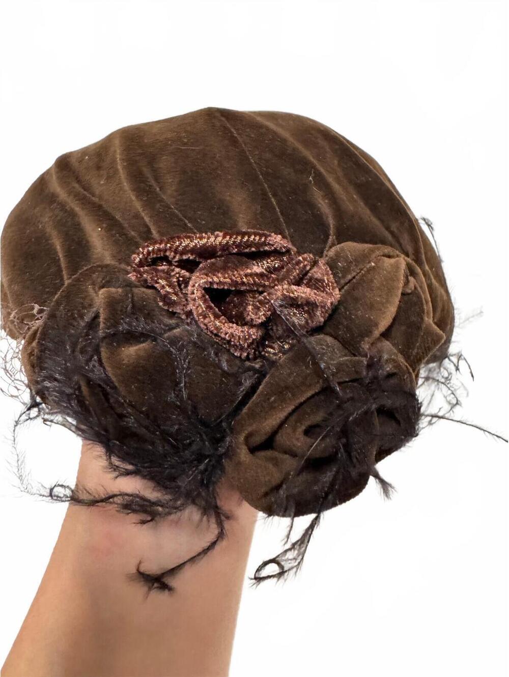 Vintage Bruni Nigh San Francisco Velvet Feather Net Pillbox Hat Brown